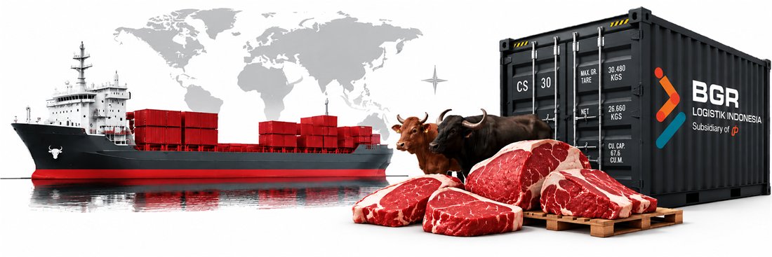 Kapal peti kemas bermuatan penuh, dua ekor sapi dan potongan daging di atas palet, serta peti kemas BGR Logistik Indonesia.